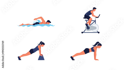 Diverse Fitness Activities Swimming Cycling and Bodyweight Training for Health and Wellness