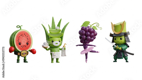 Cute 3D Fruit and Vegetable Mascot Characters Set Isolated on White