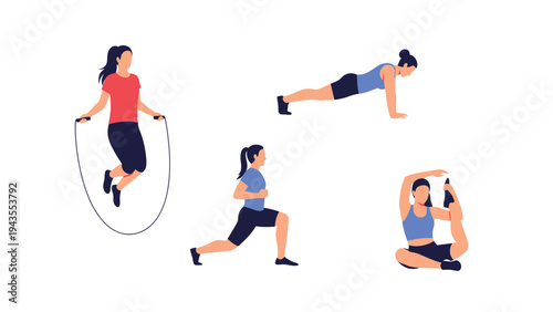 Woman Exercising Collection Jumping Rope Plank Lunge Yoga Pose for Fitness and Wellness