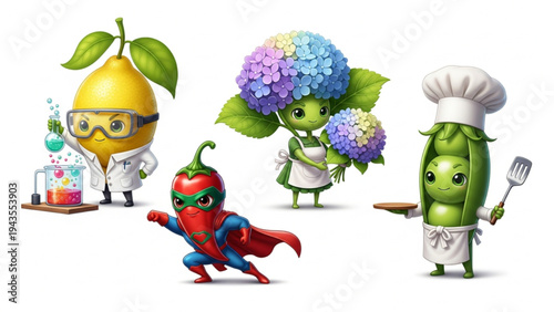 Set of Anthropomorphic Vegetable Mascots Scientist Superhero Chef Florist