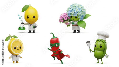 3D Cartoon Fruit and Vegetable Characters Set with Lemon Scientist and Chili Hero