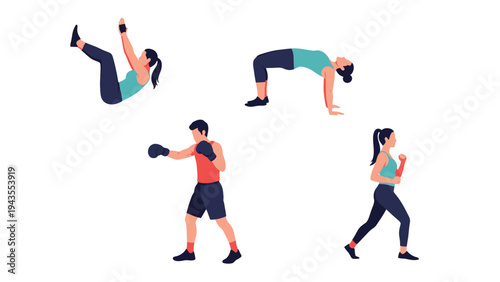 Diverse Group of People Exercising and Staying Fit Kickboxing Core Workout Strength Training and Running Healthy Lifestyle Vector Illustrations for Fitness Content