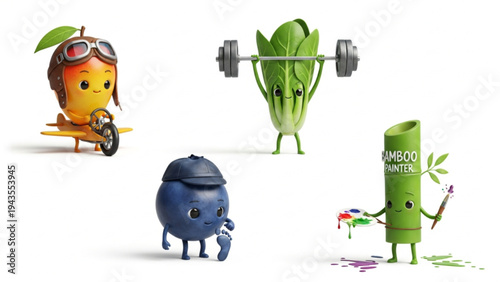 Cute 3D Cartoon Fruit and Vegetable Characters Set on White Background
