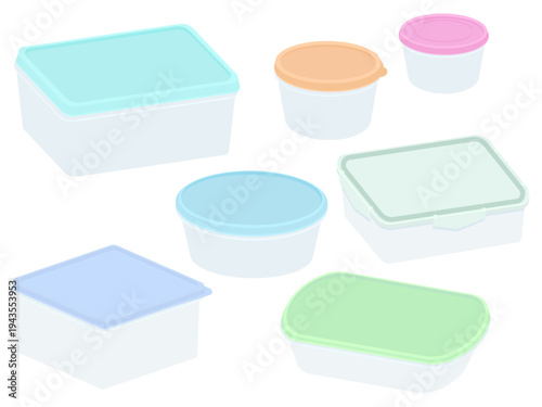 A collection of various clear plastic food storage containers with colorful lids in different shapes and sizes.