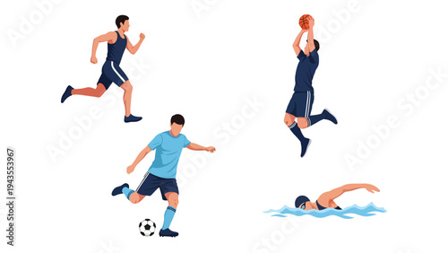 Diverse Athletes Competing in Multiple Sports Running Soccer Basketball and Swimming