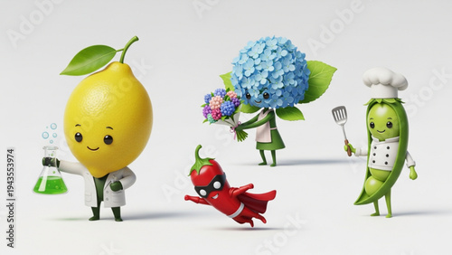 Set of Cute 3D Cartoon Food and Flower Characters on White Background
