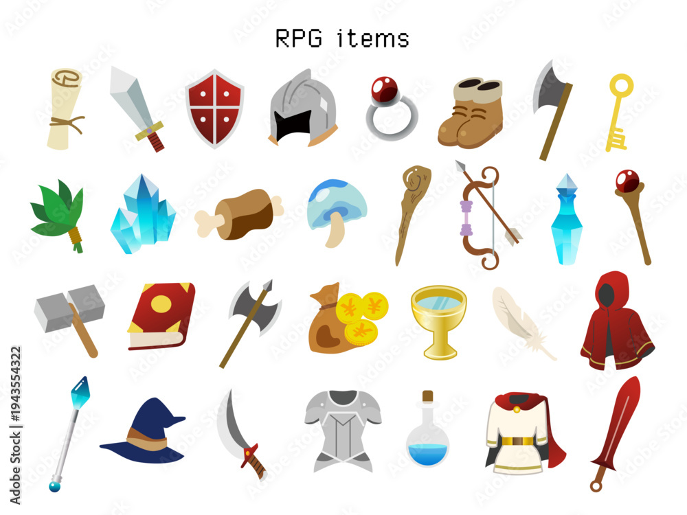 Φωτογραφία A diverse collection of colorful cartoon-style RPG items, including weapons, armor, magic artifacts, food, and accessories, for fantasy games