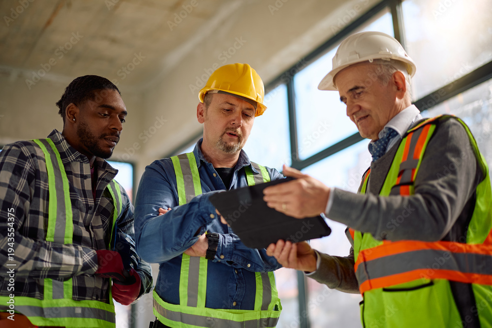 Fotografija Senior architect using touchpad with manual workers while going through plans at construction site