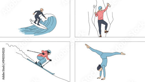 Active Lifestyle Collage Surfing Rock Climbing Skiing and Gymnastics Art