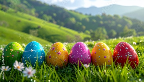 Colorful Easter eggs in a field of grass with a mountain backdrop