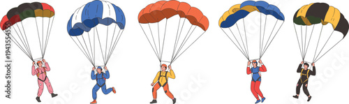 Skydivers with colorful parachutes vector illustration showing people parachuting in flight suits, extreme sport activity, adventure skydiving design for artwork