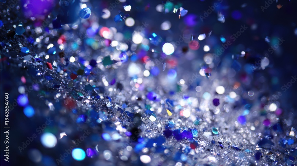 Obraz premium Detailed macro photograph of silver and blue confetti sparkling and exploding outwards creating a festive abstract background.