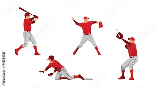Baseball Player Actions Set Pitching Hitting Catching Sliding Throwing Vector Illustration