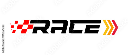 Modern racing-themed logo featuring the word “RACE” in bold black typography, combined with red checkered flag elements on the left and dynamic arrow shapes in yellow, orange, and red on the right.