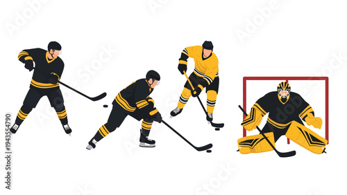 Ice Hockey Action Composite Players Skating Stickhandling Shooting and Goalie Defending Net