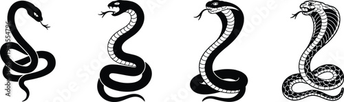 Snake silhouette vector illustration set, venomous cobra and serpent designs, black and white reptile art, dangerous wild animal graphic, tattoo style concept