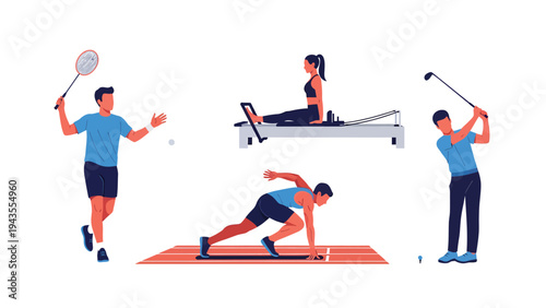 Diverse Sports and Fitness Activities Badminton Rowing Golf and Athletic Training Illustration