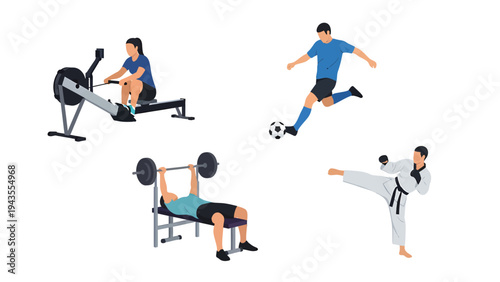 Diverse Fitness and Sports Activities Collection Rowing Weightlifting Soccer and Karate