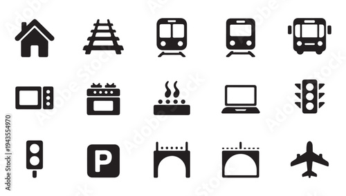 Urban transport and infrastructure icons including train bus bridge and traffic signal set
