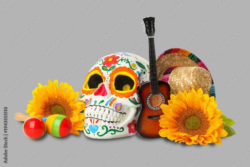 Obraz premium Colorful skull, guitar, maracas, and flowers on gray background