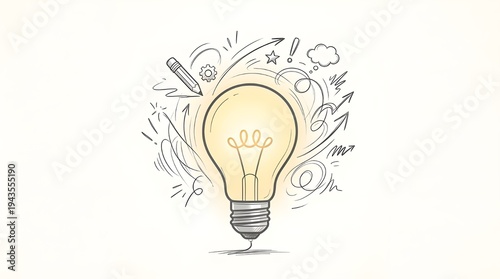Conceptual Hand Drawn Illustration of a Glowing Light Bulb with Pencil Cogwheel and Thought Cloud Representing Creative Process Technical Innovation Design Thinking and New Project Development