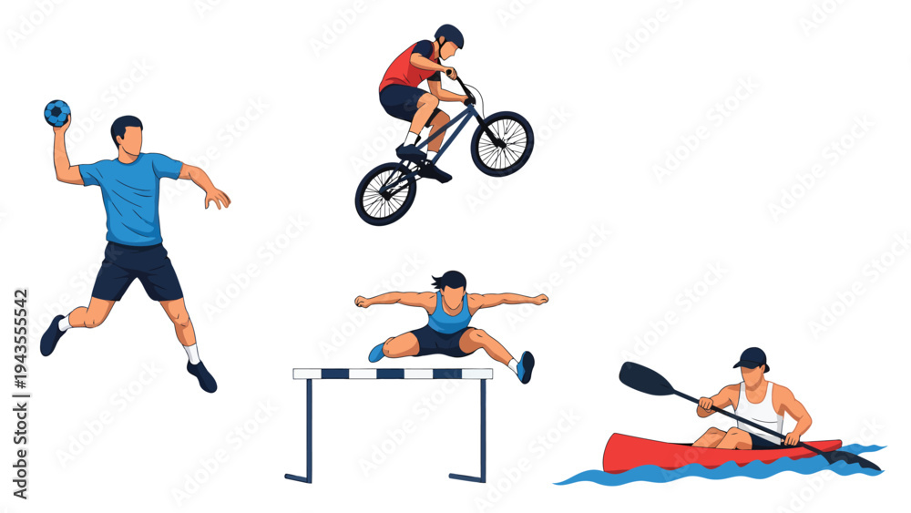 Fototapeta premium Dynamic Sports Collage People Engaging in Various Athletic Activities Like Cycling Hurdling Kayaking and Throwing