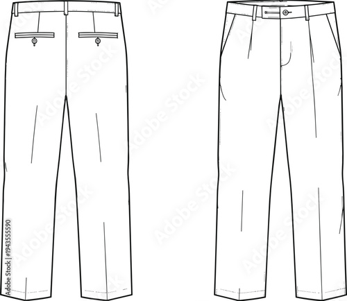 Men’s formal trousers front and back view technical fashion sketch, classic tailored pants outline for clothing design, apparel template, garment pattern illustration isolated