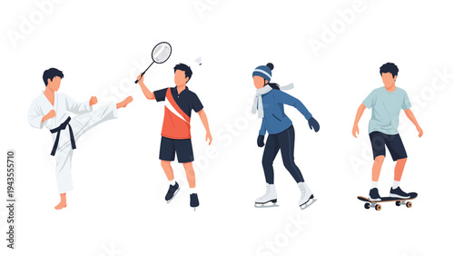 Diverse Children Engaged in Sports and Outdoor Activities Karate Badminton Ice Skating and Skateboarding Vibrant Illustration for Healthy Lifestyle Concepts