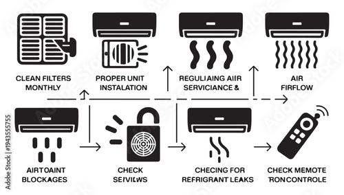 Air conditioning service maintenance icons, process of checking air conditioner performance