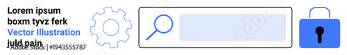 Data protection, cybersecurity, settings, online searching, technology tools, user interface design. Magnifying glass, gear and padlock icons with search bar. Cybersecurity and online searching