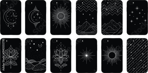 Minimalist celestial phone case designs collection, moon, stars, sun, lotus and mountain line art illustrations, aesthetic cosmic smartphone covers set isolated on dark background