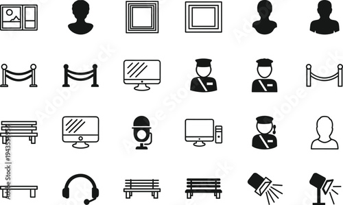 Museum and gallery icon set with security guard, exhibition barrier, benches, computer monitor, spotlight and visitor avatars, modern black glyph vector symbols collection