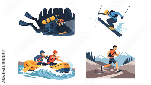 Extreme Sports and Adventure Activities Collage Scuba Diving Skiing Rafting Trail Running