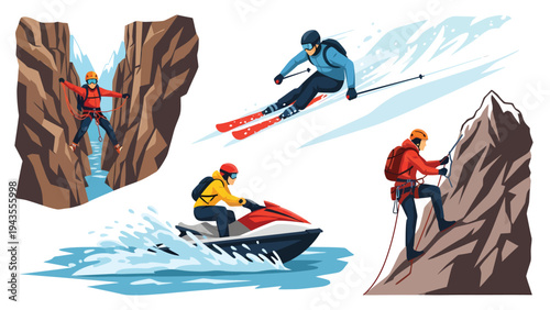 Extreme Sports Collage Skiing Canyoning Jet Skiing Rock Climbing Thrill Seeker Adventure Activities