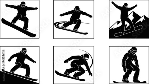 Snowboarder Silhouettes Set, Winter Sports Action Figures, Extreme Rider Jumping and Posing, Black Vector Icons Isolated, Mountain Resort Winter Holiday Activities