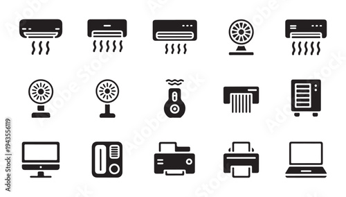 Office electronics and air quality appliance icon collection with computer and printing gear