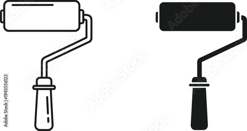 Paint roller tool icon set, outline and solid silhouette illustration of house painting equipment for renovation, construction, decorating, home improvement and maintenance design