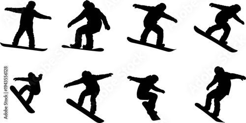 Snowboarder silhouettes set, vector illustration of various athletes riding and jumping on a snowboard, extreme winter sport icons collection for mountain recreation, black and white minimal style.v