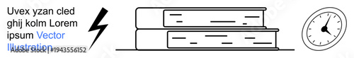 Education, time management, productivity, study tools, knowledge, deadlines. Books stacked beside a clock and a lightning symbol. Learning and time management