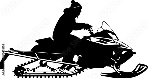 Snowmobile rider silhouette vector illustration, winter sport vehicle icon, extreme outdoor adventure transportation, snow ride design for logo, poster, branding