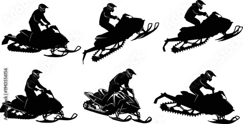 Snowmobile Rider Silhouette Vector Set, Winter Extreme Sport, Snow Machine Racing, Active Adventure, Cold Weather Recreation, Motorized Sled, Dynamic Action, Outdoor Thrill Graphic