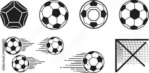 Soccer ball vector icon set with motion lines and goal concept, football symbols collection for sports design, infographic, logo, and creative branding use