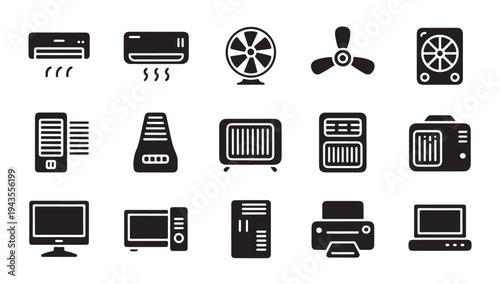 Household heating and cooling system icons showcasing fans heaters and computer monitor units