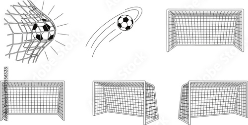 Soccer goal and ball line vector set, football net perspectives and scoring motion illustrations collection for sports design, black outline icons isolated on white background