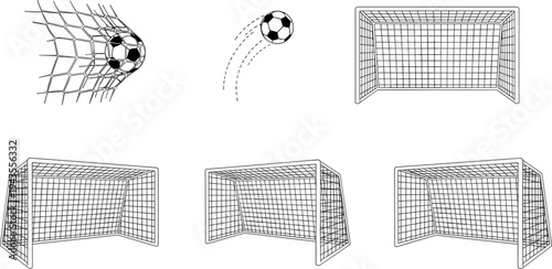 Soccer goal and ball outline vector set, football net perspectives with scoring motion illustrations for sports design and training graphics isolated on white background