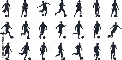 Soccer player silhouette vector set, football action poses collection illustration, running dribbling kicking athletes isolated on white background