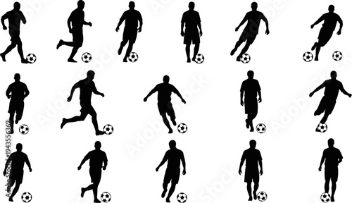 Soccer player silhouette vector set, football dribbling and running poses illustration, black and white sport action collection for training graphics, team branding
