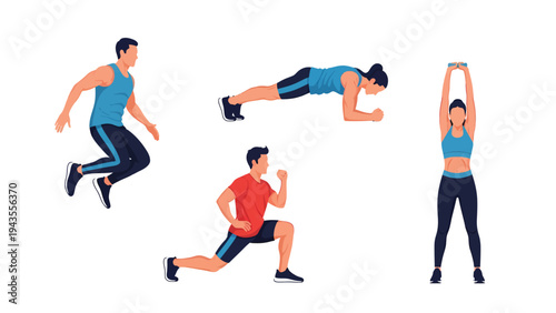 Diverse Fitness Routine People Exercising with Dynamic Movements and Core Strength for Complete Body Workout and Healthy Lifestyle