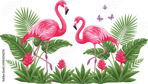 Pink flamingo pair standing among tropical leaves and exotic flowers with butterflies in vibrant jungle botanical vector illustration isolated on light background