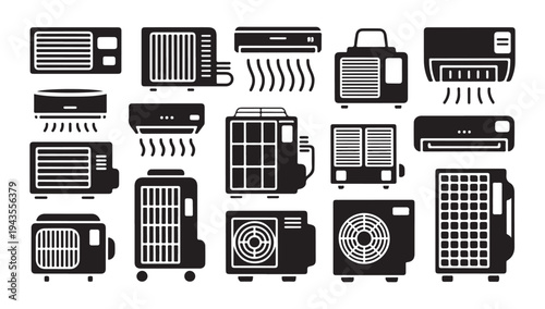 Air conditioner black glyph icons set, split system outline pictogram collection, home cooling